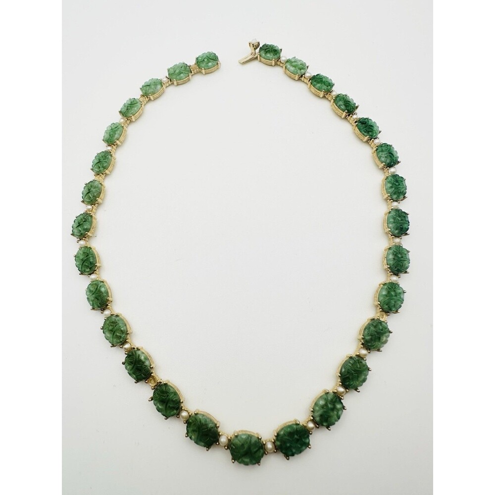 Vintage Ciner Green Pecking Glass Faux Jade Faux Pearl Necklace 15.5” READ